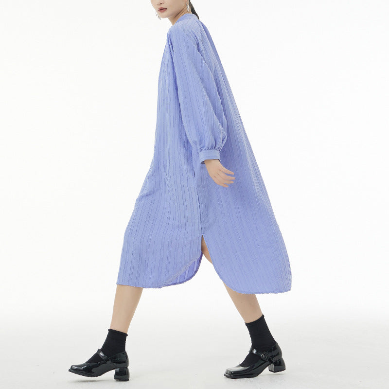 Asymmetric Striped Stand Collar Long Sleeve Midi Dress