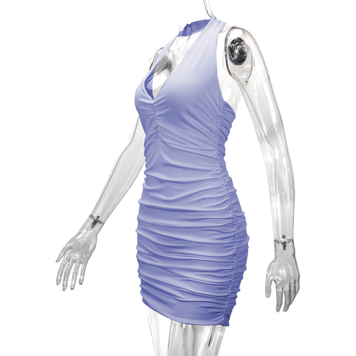 V-neck halter backless off-shoulder sexy minimalist pleated dress