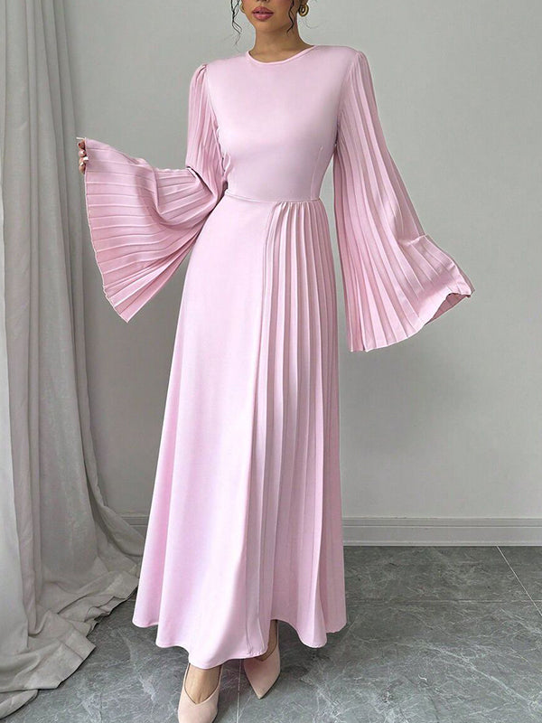 Flared Sleeves Long Sleeves Pleated Solid Color Round-Neck Maxi Dresses