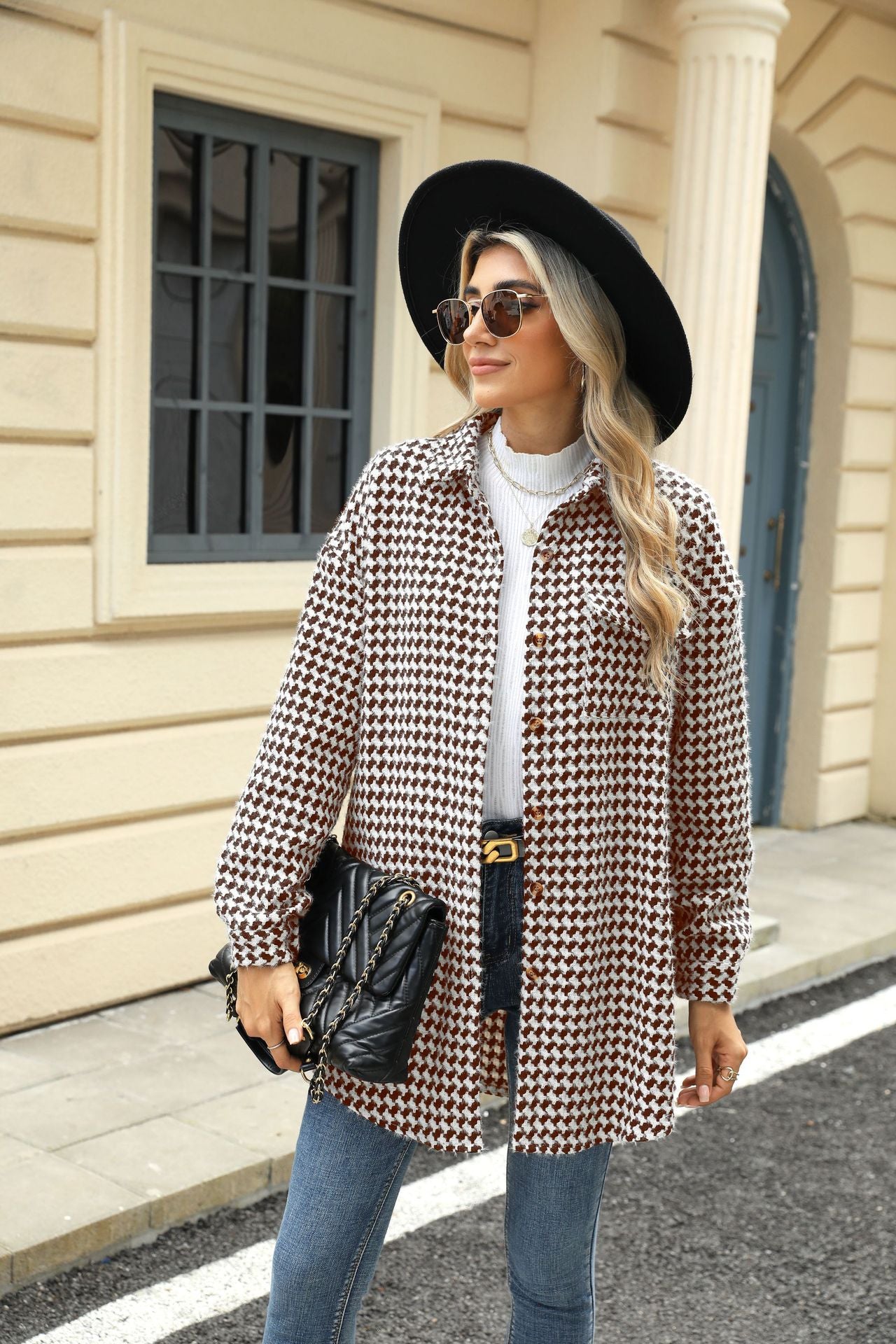 Autumn and Winter houndstooth polo collar top mid-length woolen coat for women