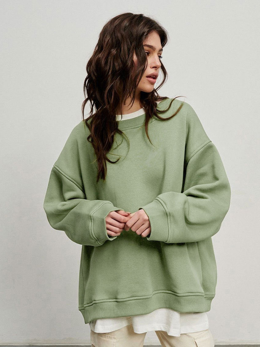 Round neck loose sweatshirt women's autumn winter Street solid color Oversize polar fleece pullover top