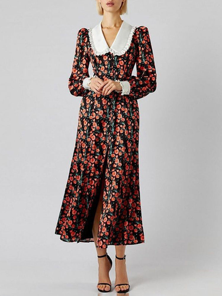 Doll Collar Split Flower Maxi Dresss