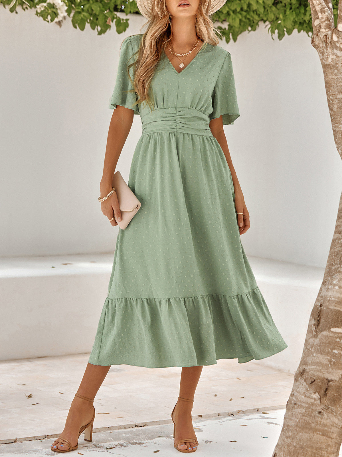 V Neck Ruffle Sleeve Solid Color Maxi Dress
