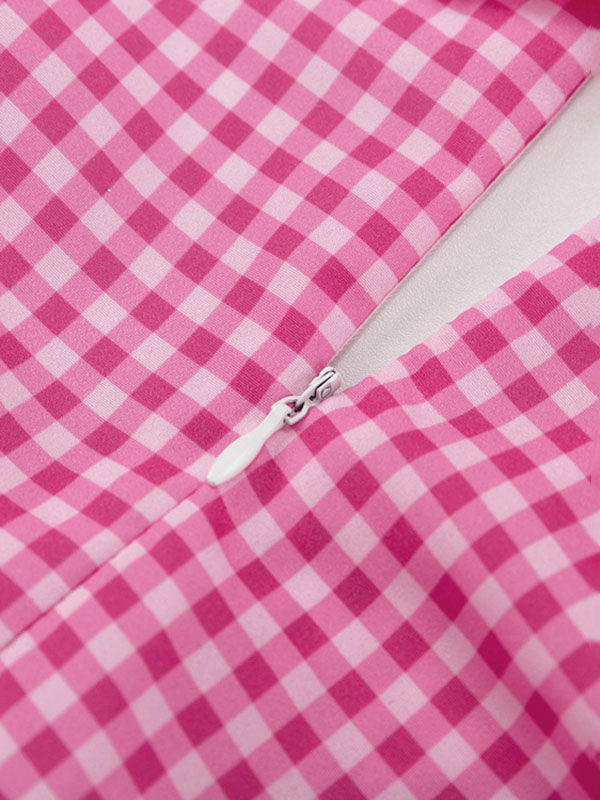 V Neck Plaid Lantern Sleeve Mini Dress