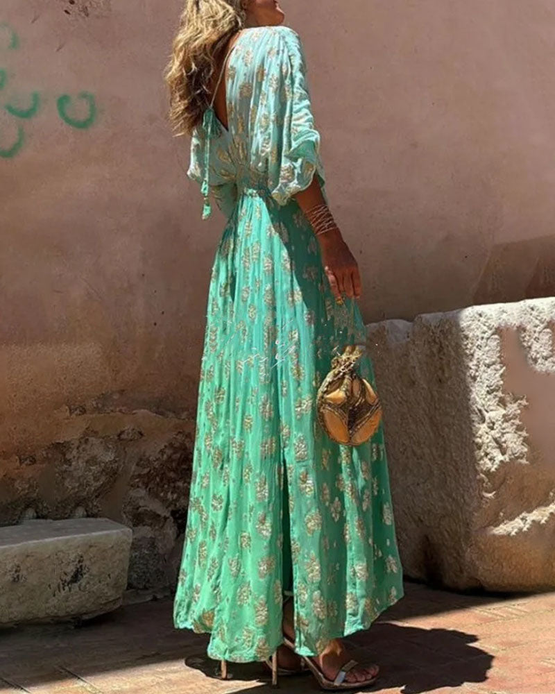 V-neck open back wide-leg jumpsuit