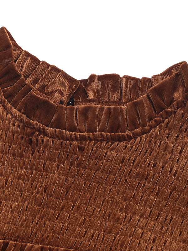 A-Line Long Sleeves Pleated Solid Color Split-Joint Velvet Mock Neck Mini Dresses