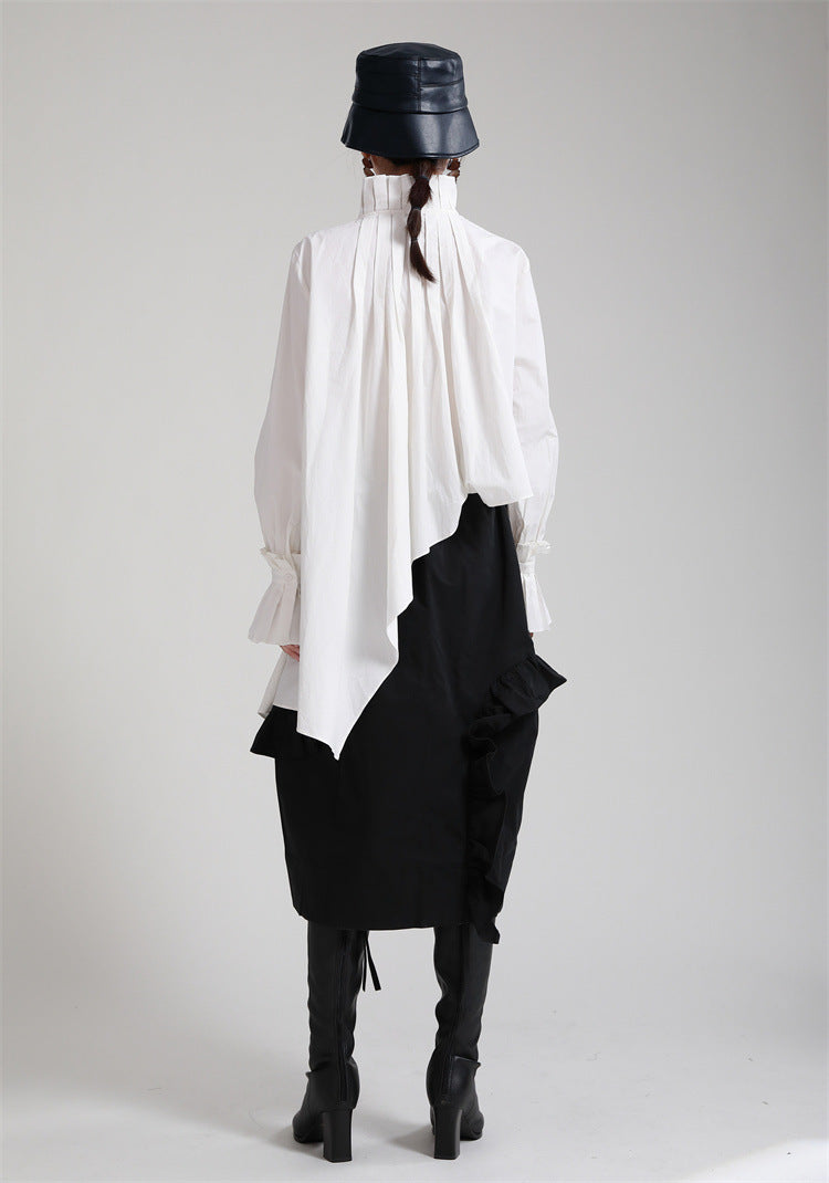 Irregular Solid Color Stand Collar Long Sleeve Shirt