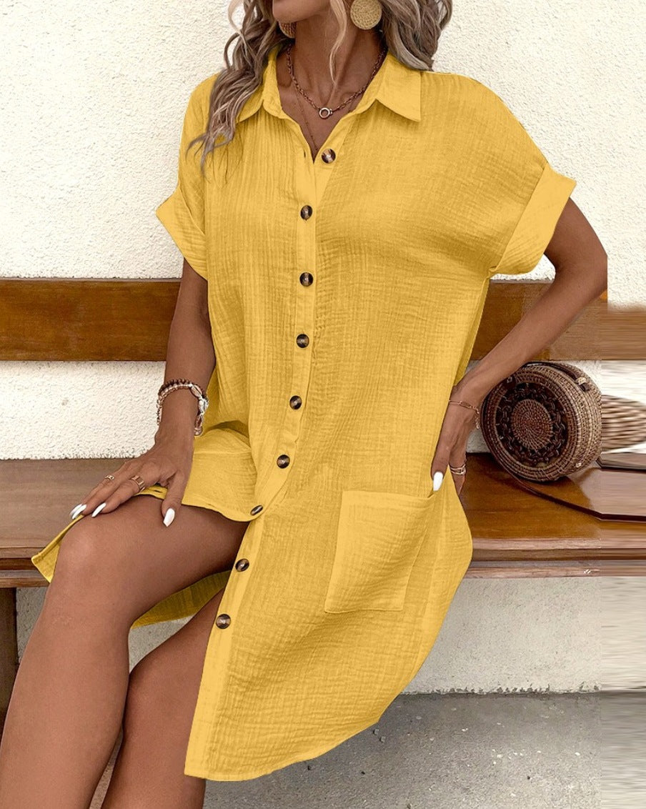 V-Neck Button-Lapel Shirt Dress