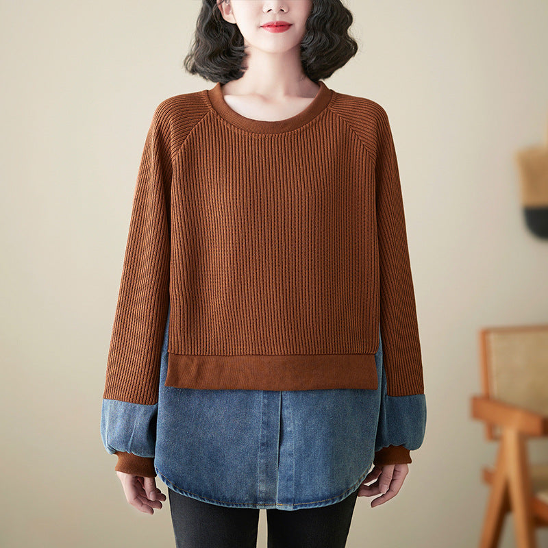 Loose Splicing Round Neck Long Sleeve Fake Two Pieces Sweater