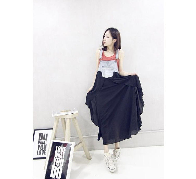 Loose Denim Splicing Suspender Maxi Dress