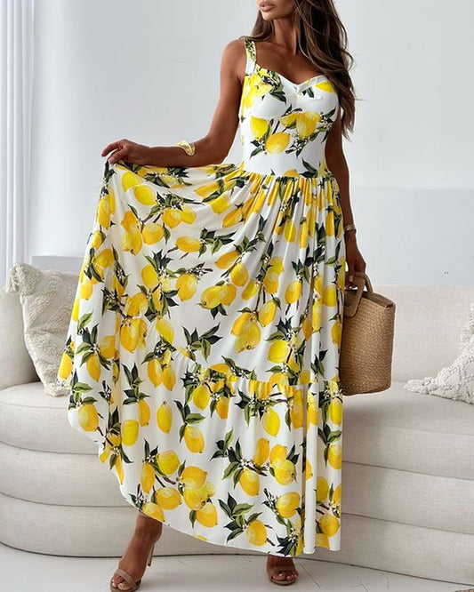 Elegant Lemon Print Sling Dress
