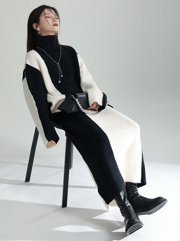 Casual Loose Long Sleeves Contrast Color High-Neck Sweater Top&Skirt Two Pieces Set