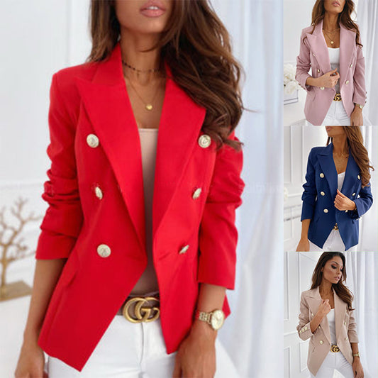 Spring and Autumn long-sleeved women's jacket double-breasted solid color stand collar suit