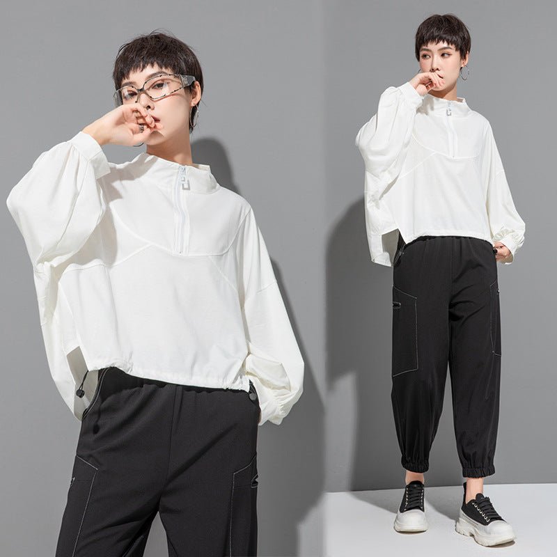Casual Splicing Bat Sleeve Zipper T-shirt