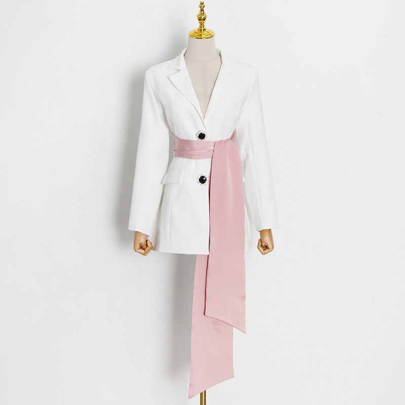 Black Suit 2024 Spring Two Buttons Sexy Stitching Bow Strap Personalized Women'S Fashion Coat