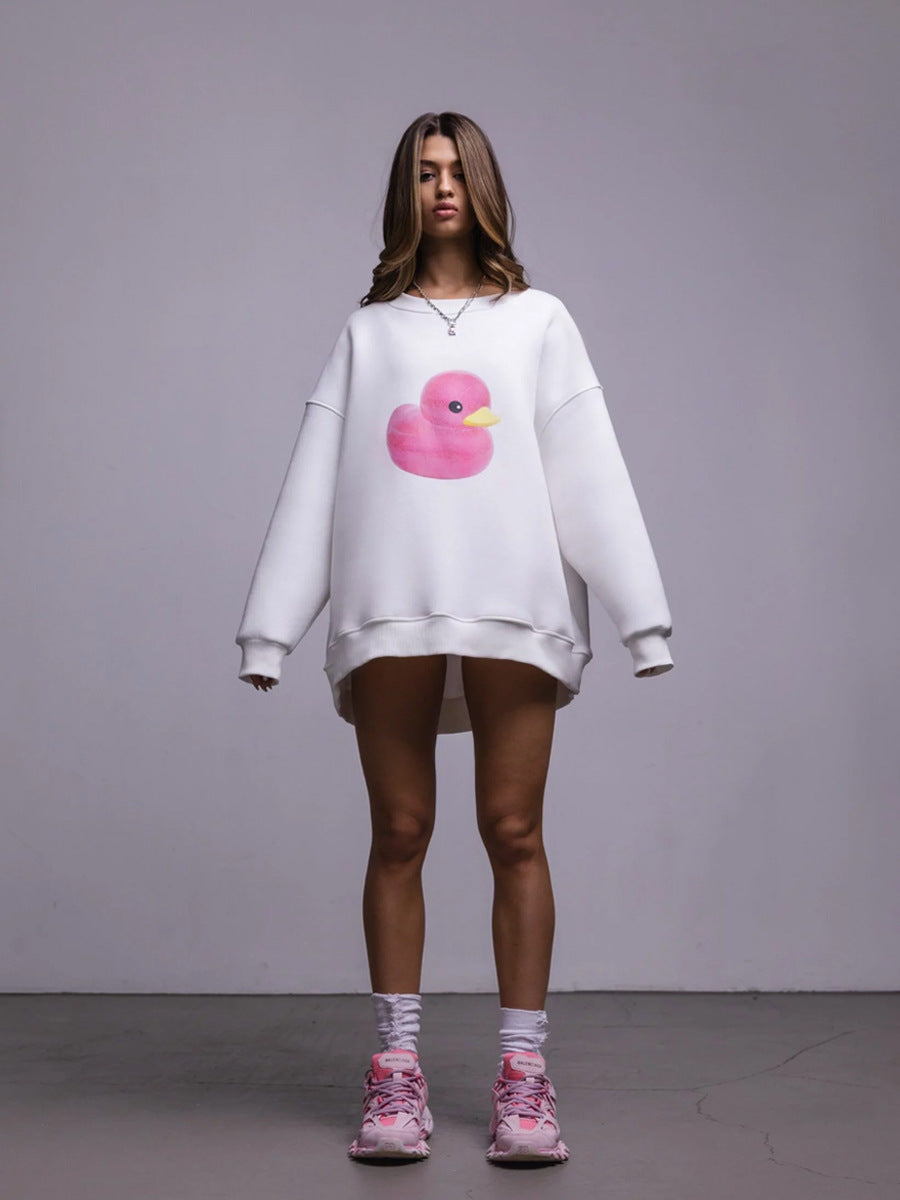 Duck pattern round neck sweater women's simple casual loose printed sweater