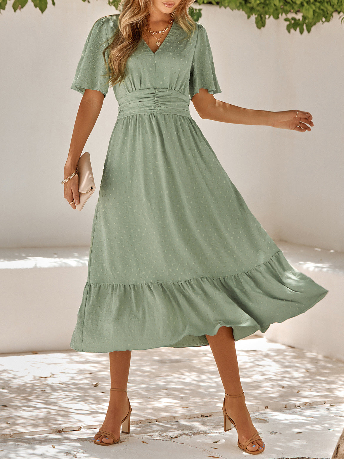 V Neck Ruffle Sleeve Solid Color Maxi Dress
