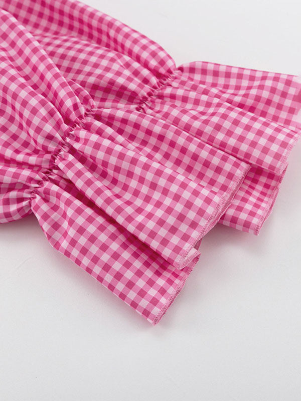 V Neck Plaid Lantern Sleeve Mini Dress