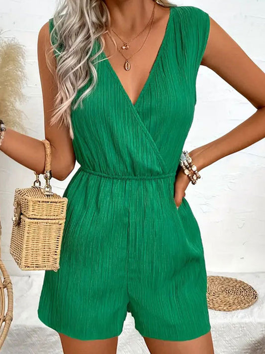 Loose Sleeveless Elasticity Pleated Solid Color Split-Joint V-Neck Rompers