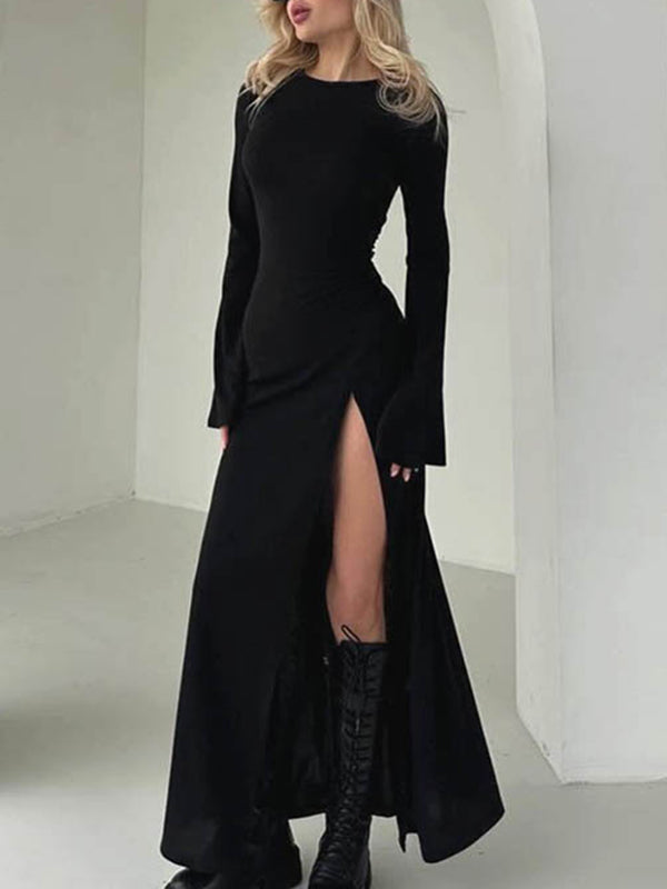 Long Sleeves Loose Asymmetric Solid Color Split-Joint Split-Side Round-Neck Maxi Dresses