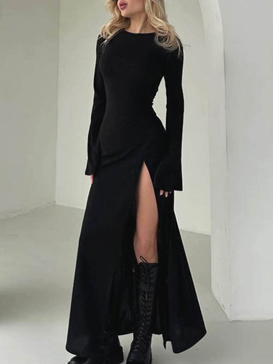 Long Sleeves Loose Asymmetric Solid Color Split-Joint Split-Side Round-Neck Maxi Dresses