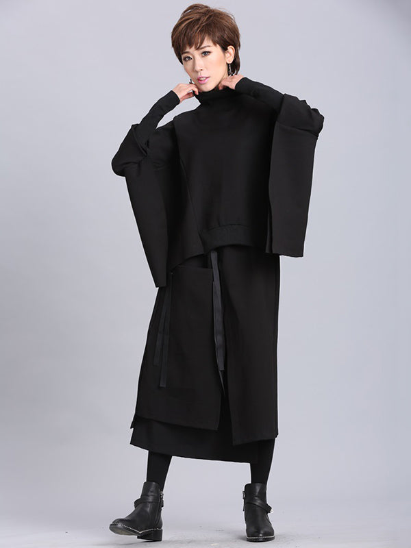 Solid Color Asymmetric High-Neck Loose Batwing Sleeve Sweatshirt