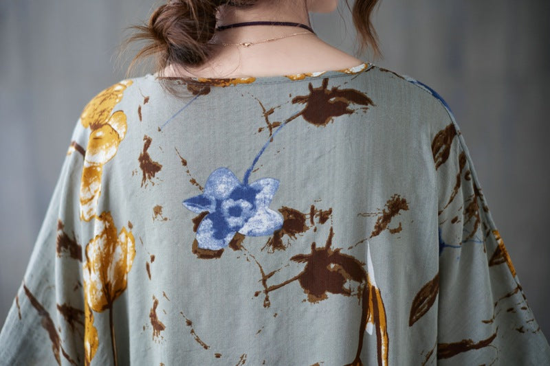 Literary Floral Print Short Sleeve Midi Dress