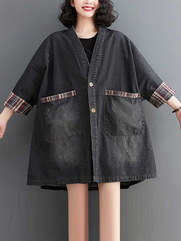 Long Sleeves Loose Buttoned Plaid Pockets Split-Joint V-Neck Denim Outerwear