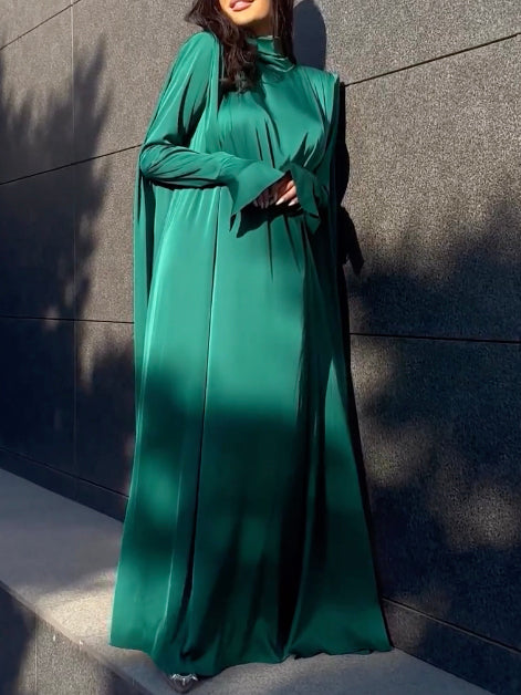 Flared Sleeves Long Sleeves Solid Color High-Neck Maxi Dresses