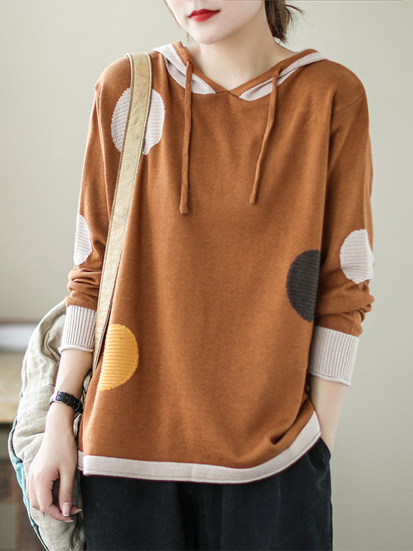 Retro Big Polka Dot Hooded Knit Sweatshirt