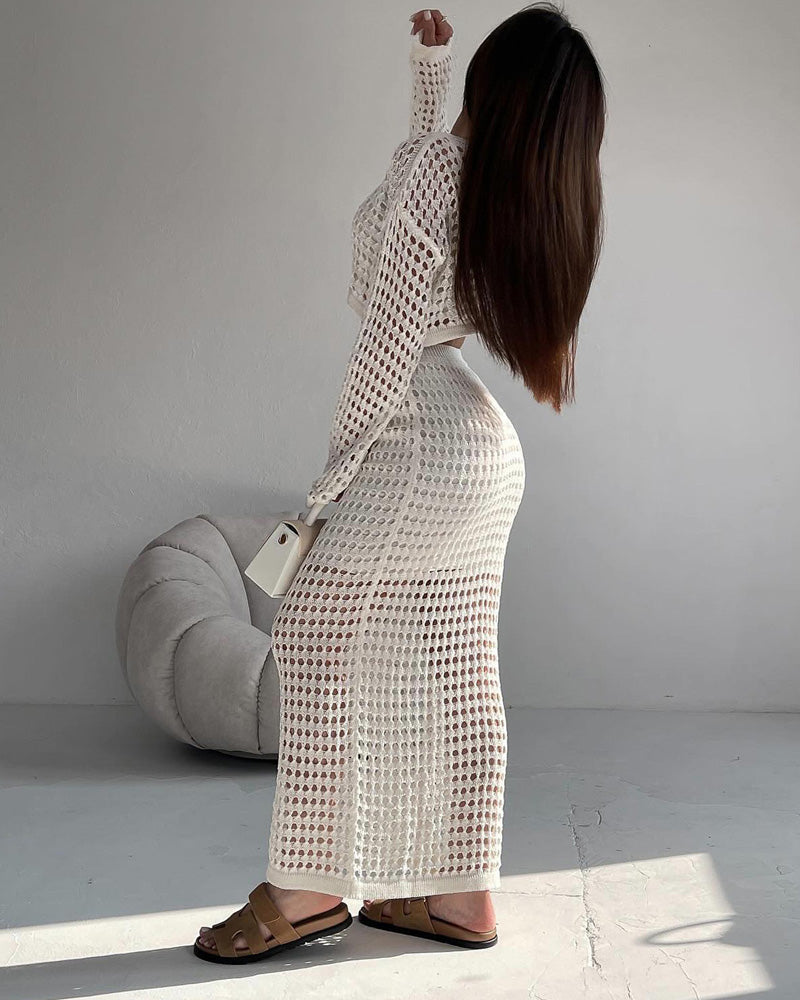 Knitted Hollow-out Long-sleeve Skirt Set