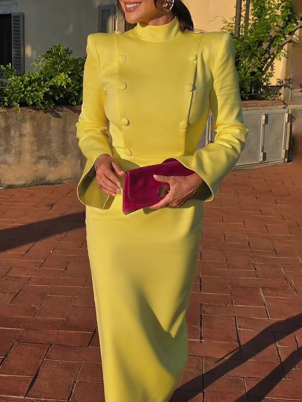 Flared Sleeves High Waisted Buttoned Solid Color Mock Neck Midi Dresses