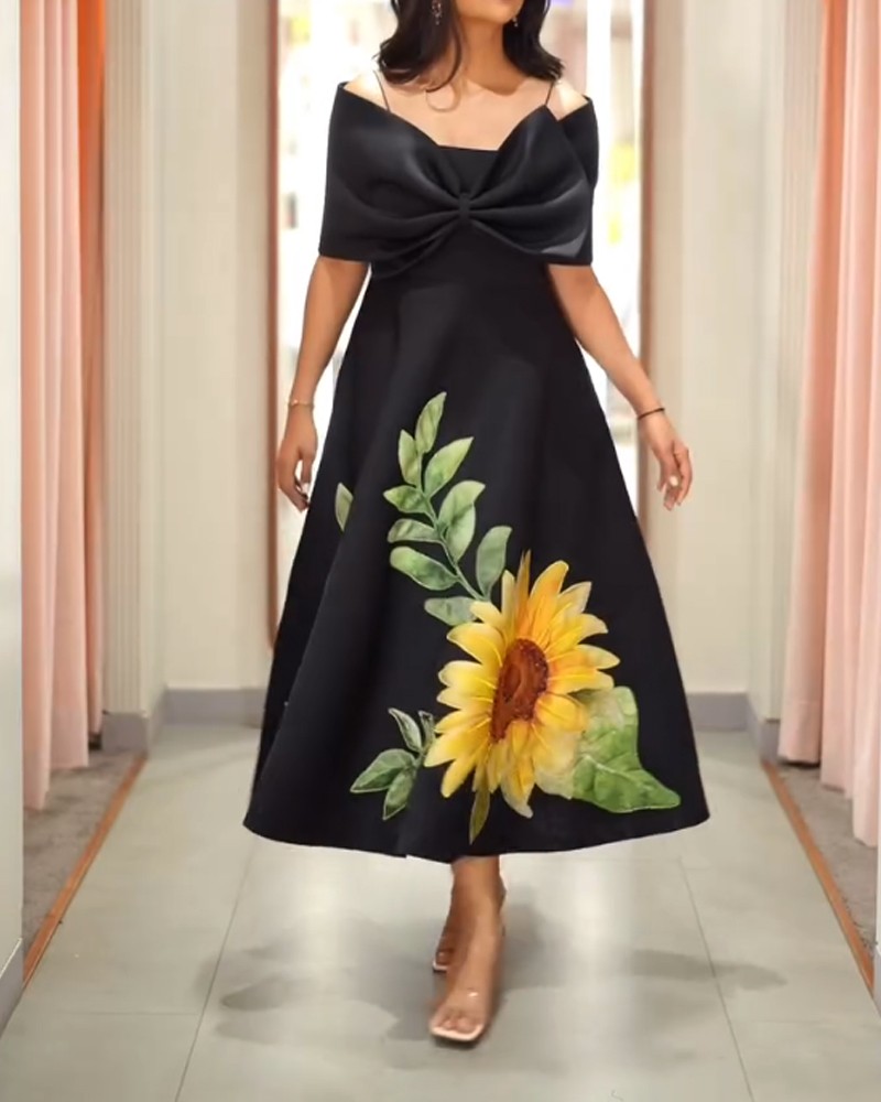 Elegant Sunflower Shoulder Two Wear Method Dress