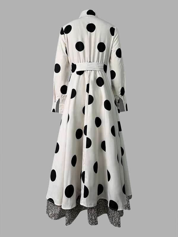 A-Line High Waisted Belted Lace-Up Pockets Polka Dot Split-Joint Stand Collar Maxi Dresses