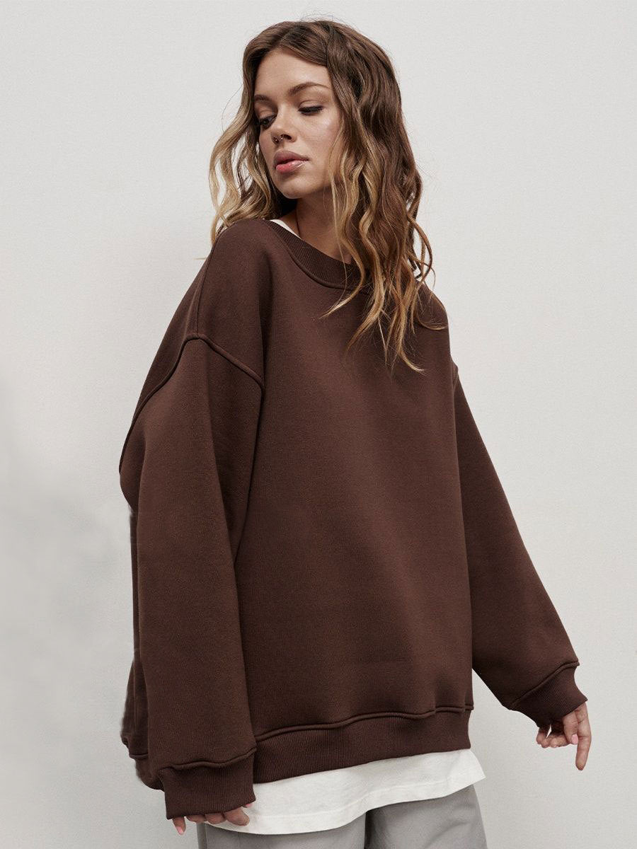 Round neck loose sweatshirt women's autumn winter Street solid color Oversize polar fleece pullover top