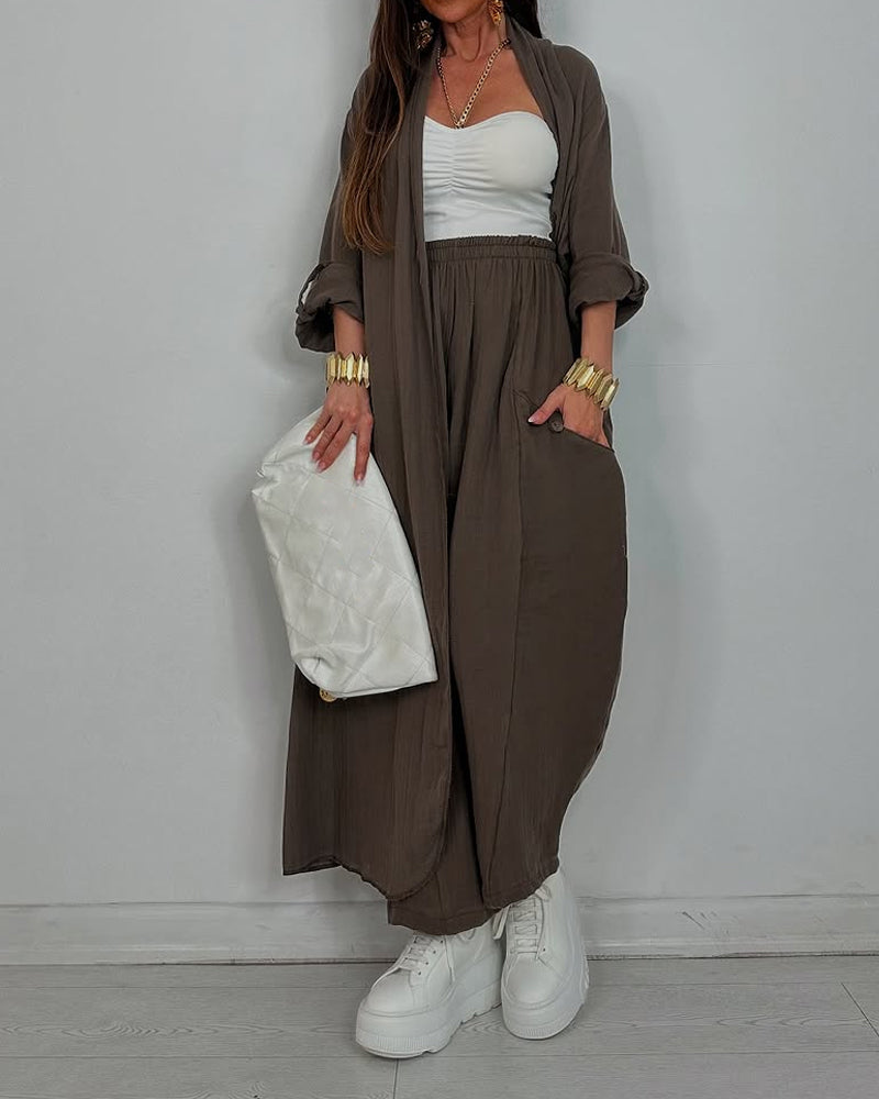 Casual Long Cardigan & Pants Two-piece Set