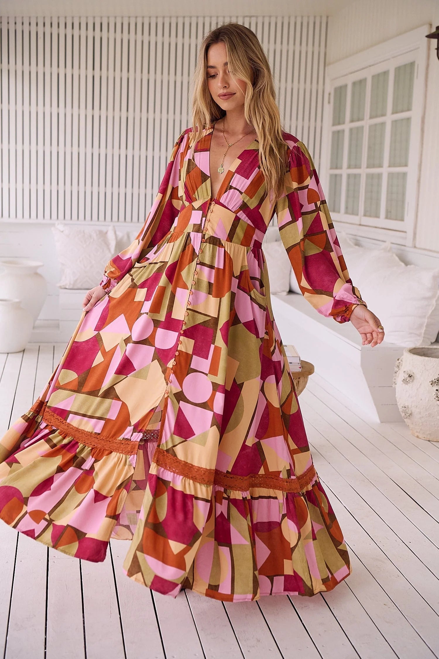 Women Long Sleeved Printed Boho Dress