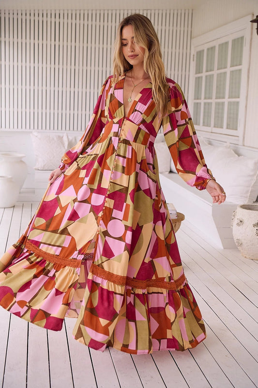 Women Long Sleeved Printed Boho Dress