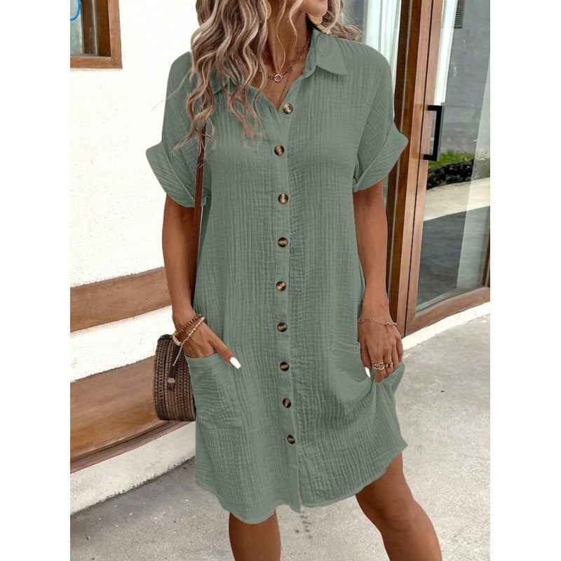V-Neck Button-Lapel Shirt Dress