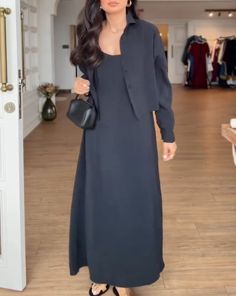 Casual Sling Dress & Shirt Two-Piece Set