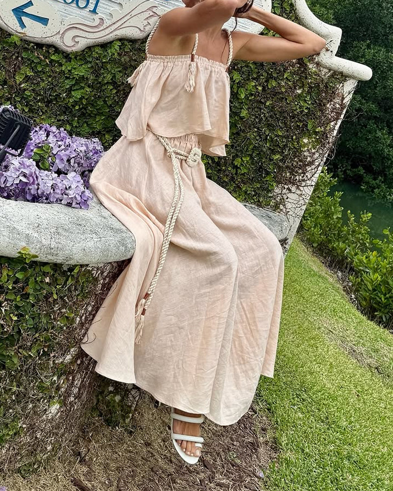 Casual Cotton Linen Woven Rope Top & Skirt Two-piece Set