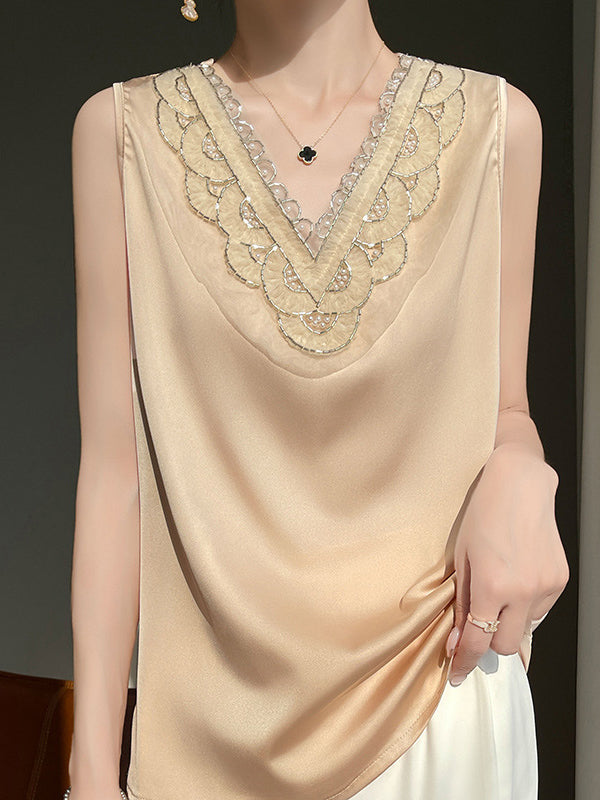 Loose Plus Size Beaded Split-Joint V-Neck Vest Top