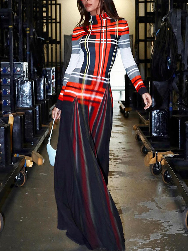 Long Sleeves Contrast Color Pleated Mock Neck Maxi Dresses