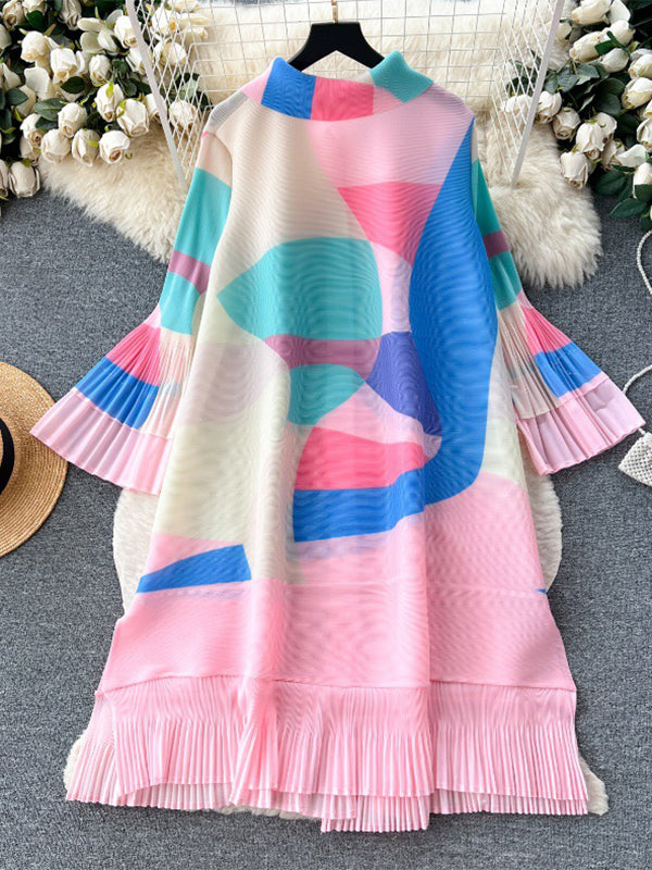 Flared Sleeves Loose Belted Contrast Color Pleated Midi Dresses