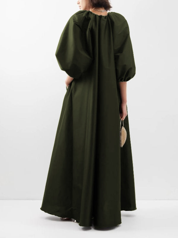 V-Neck Solid Color Puffy Sleeves Loose Maxi Dress