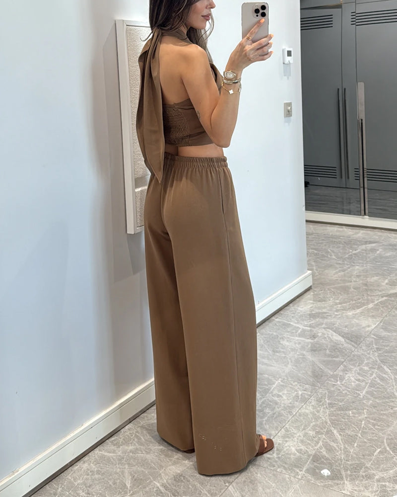 Casual Solid Color Lace-Up Top & Pants Two-Piece Set