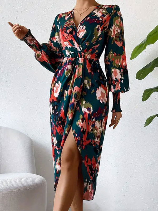 Long Sleeves Loose Elasticity Floral Printed V-Neck Midi Dresses Shirt Dress
