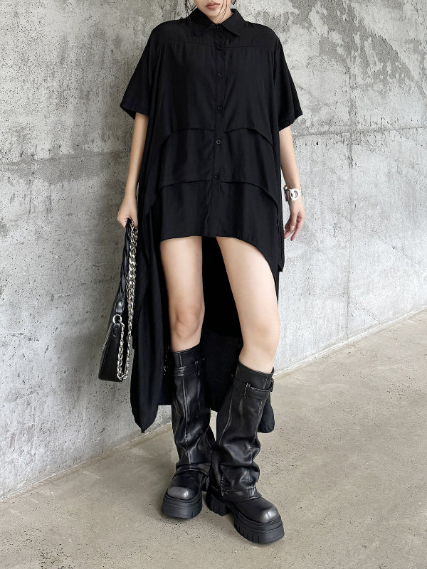 Cool Black Irregular Hem Short Sleeve Shirt Dress