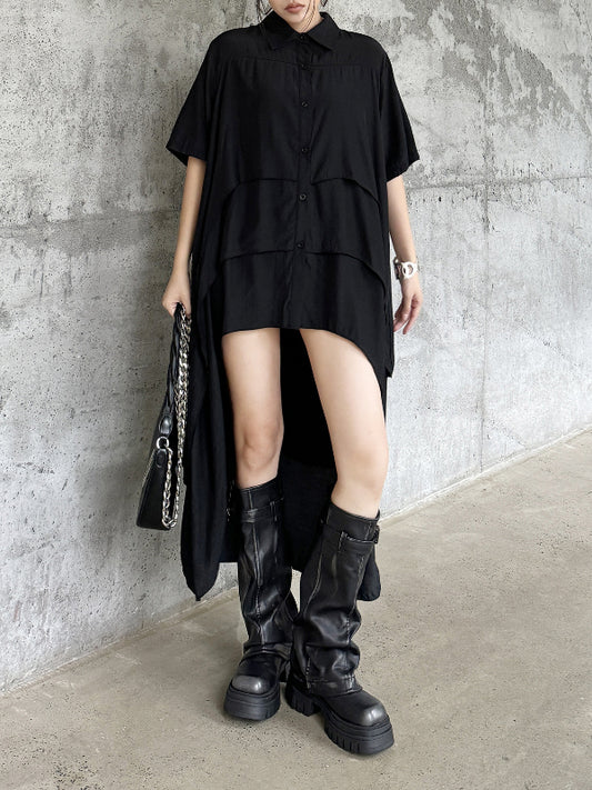 Cool Black Irregular Hem Short Sleeve Shirt Dress