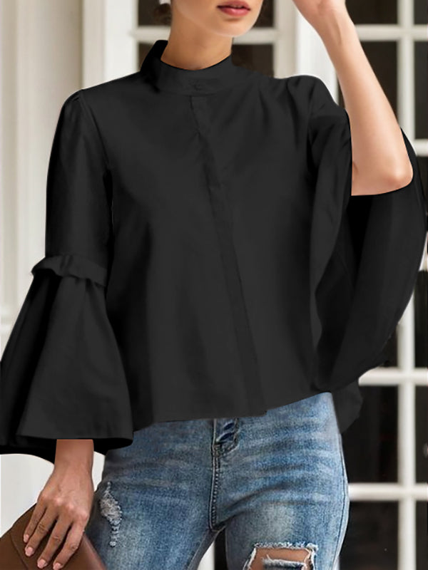 Flared Sleeves Long Sleeves Buttoned Pleated Solid Color Split-Joint Stand Collar Blouses&Shirts Tops